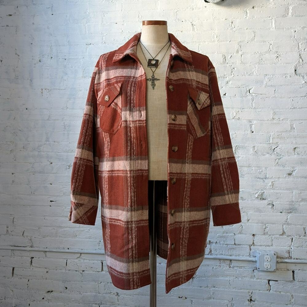 Red Plaid Flannel Jacket Gorpcore Utility Shacket Grunge Boho Chic Earthy Small